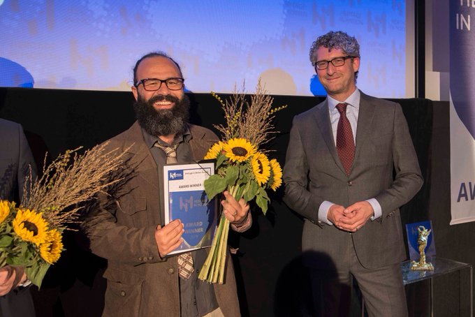 Dr Gabriele Gattiglia (University of Pisa), coordinator of the ArchAIDE project, accepting the award for best app at the Heritage in Motion New Multimedia Competition on European Heritage on Friday, 20 September 2019.