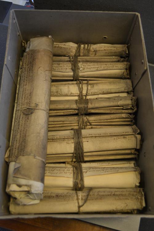 A typical box of rolled wills from the probate archive