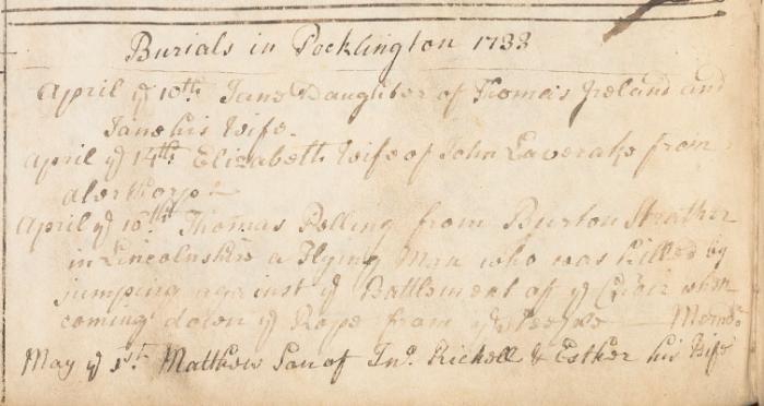 The burial entry for Thomas Pelling, the 'Flying Man' [PR/POCK/2]