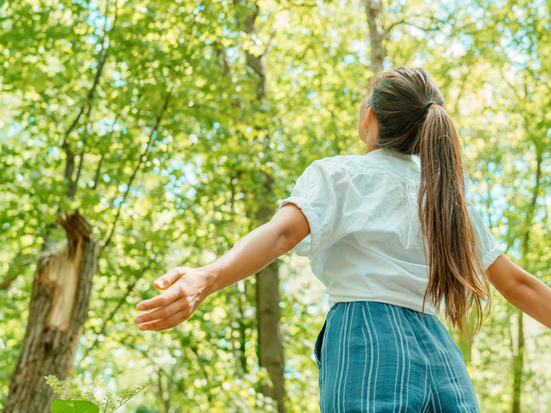 a woman stands in a sunlit wooded glade