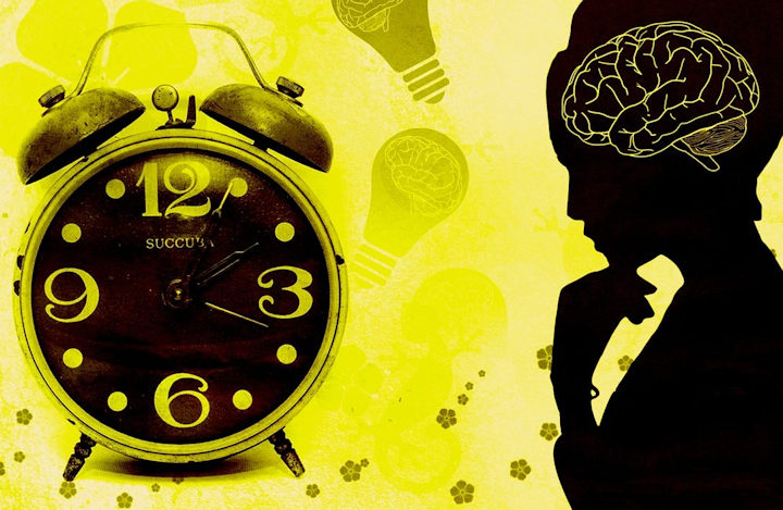 Illustration of an alarm clock and a silhouette of a woman thinking