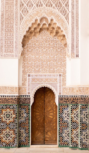 A doorway and arch at The Ben Youssef Madrasa in Marrakech