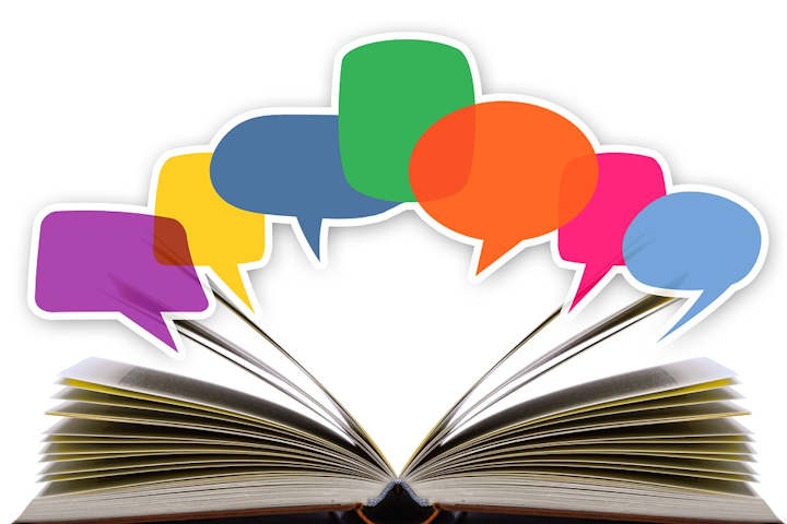 A composite image of an open book with coloured speech bubbles above it