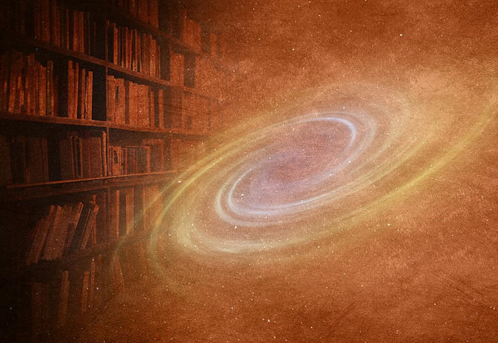 Illustration of bookshelves and a swirling image of the cosmos