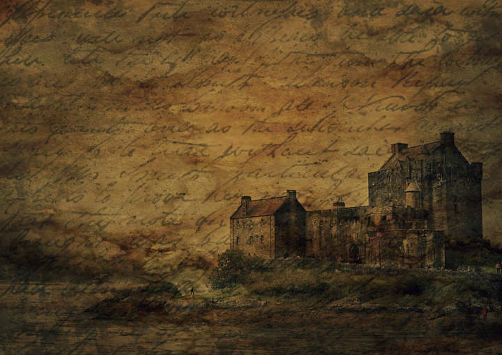 Composite image of old handwritten text and a landscape with trees and old houses