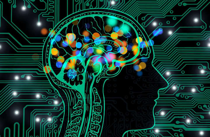 An outline of a human head in profile with a diagram of the brain, with a background of coloured lights and a circuit board