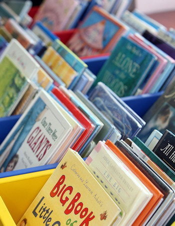 Children's books displayed in plastic boxes