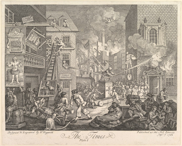 'The Times' by William Hogarth, 1762. A chaotic city street scene. Image credit: The MET, Creative Commons