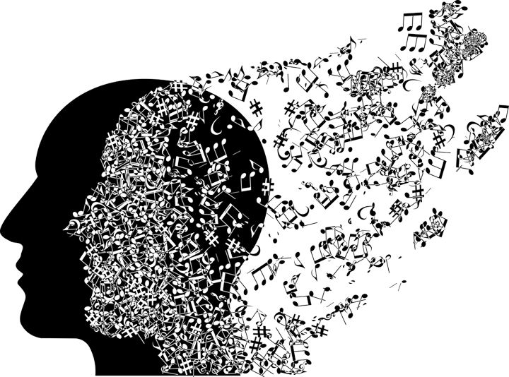 Graphic illustration of the silhouette of a human head with a second head superimposed to the right, made up of musical notes