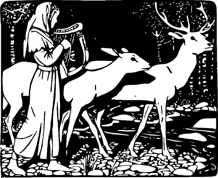 Black and white illustration of deer and a person in medieval dress playing a harp