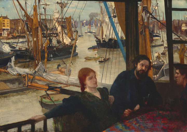 Painting titled 'Wapping' by James McNeill Whistler, 1860-1864, of people sitting at a table near a railing overlooking a waterway full of boats. Image credit: National Gallery of Art Washington, Creative Commons