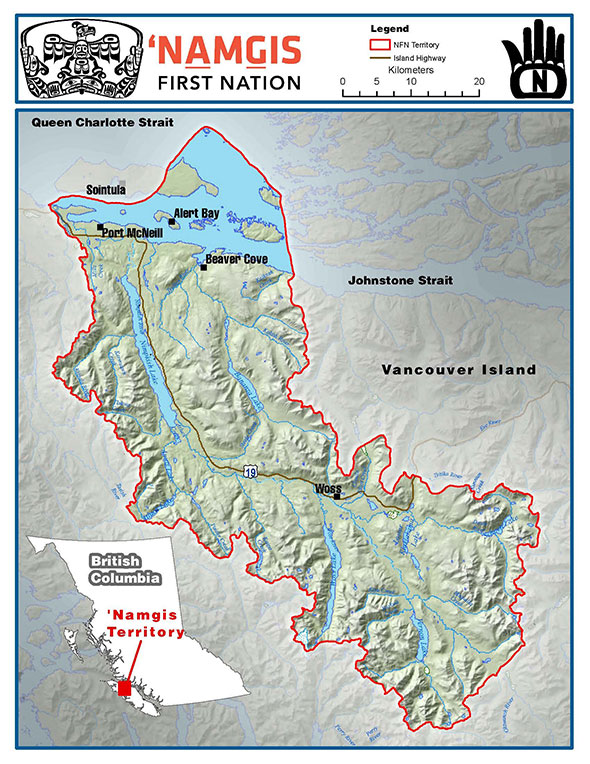 A map of the 'Namgis territory in British Columbia, Canada.