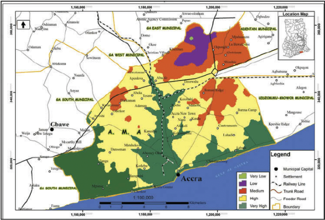 Figure 1: Flood prone areas and types of flood in the Greater Accra Plains.