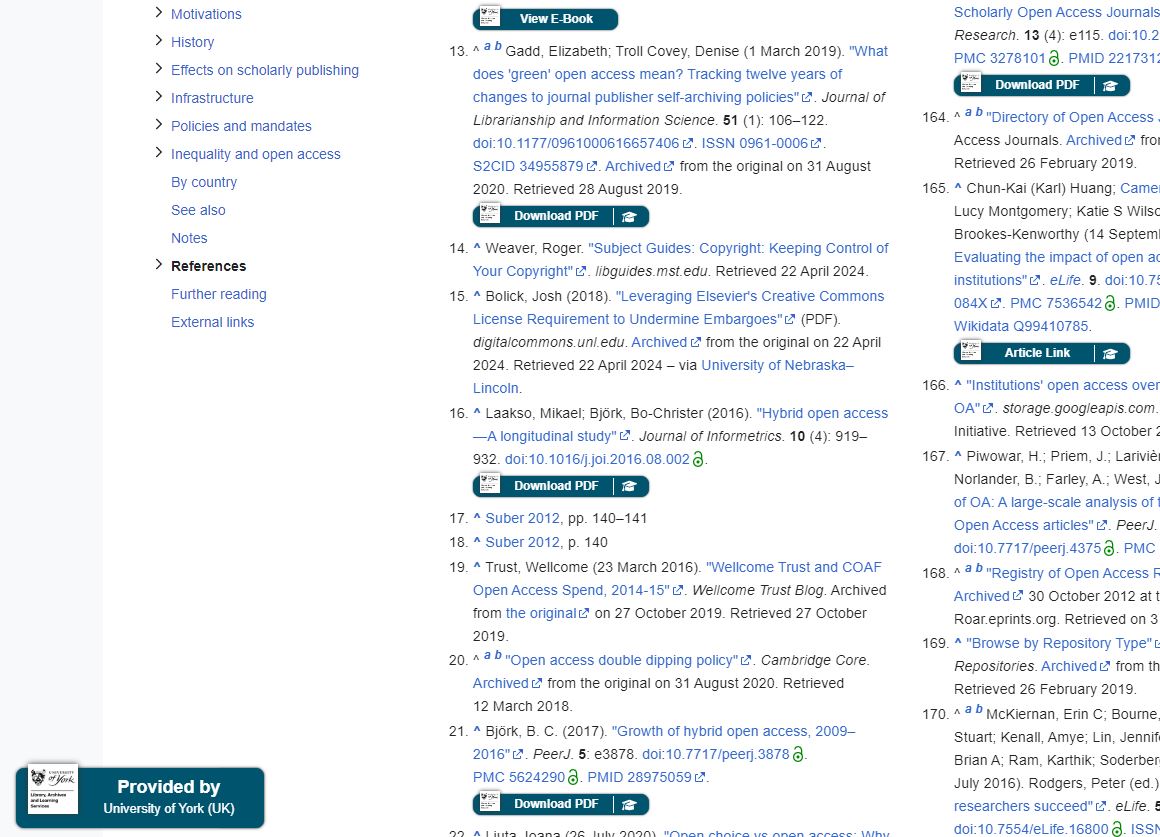 Screenshot of Wikipedia, showing the 'References' section of the article on Open Access. Several articles have University of York branded 'Download PDF' buttons beneath them.