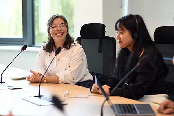 Two students using the interpreting suite.