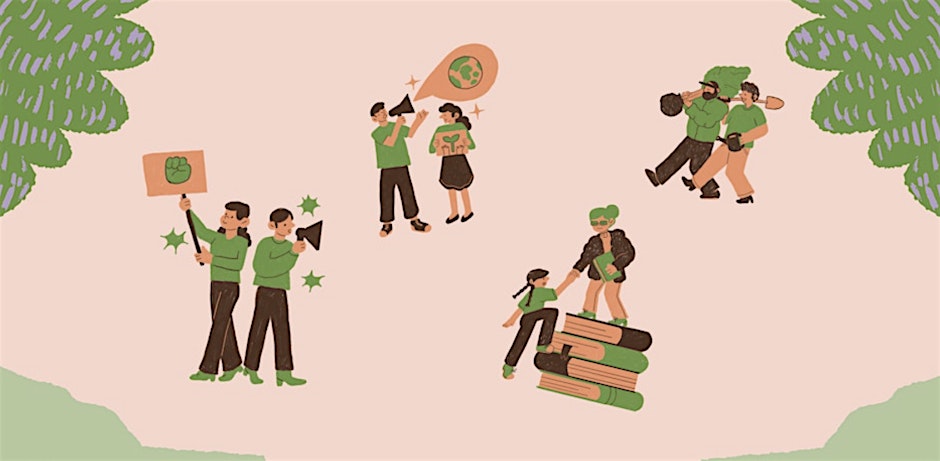 The image is an illustration depicting a group of people engaged in an environmental or sustainability-focused community project or protest.