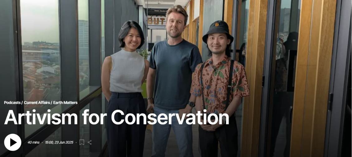 Image shows Dr Thomas Smith, Associate Professor; Environmental Geography, Department of Geography and Environment, London School of Economics, Dr Felicia Liu, Lecturer in Sustainability, Department of Environment and Geography, University of York, Jakob van Klang, Curator; Multidisciplinary Artist, KL Sketch Nation & Art Rabbit standing next to each other in a corridor