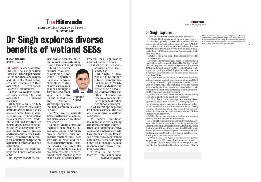News story in TheHitavada: Dr Singh explores diverse benefits of wetlands SESs